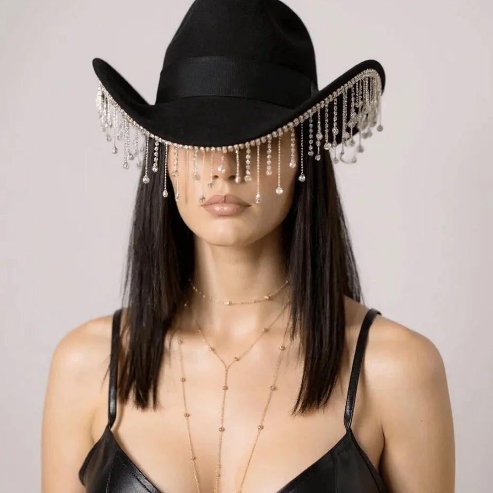 Black Rhinestone Tassel Cowboy Hat - Sparkly Fringe Cowgirl Western Glam